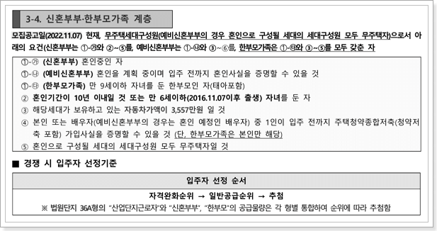 행복주택 신혼부부한부모가족계층 신청자격